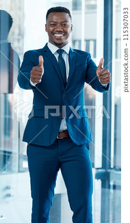 Business, portrait and happy black man with thumbs up in office for support, motivation and praise. Success, face and entrepreneur with OK hand emoji for winning, vote and feedback, opinion or review 115307033