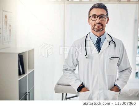 Doctor, portrait and mature man with confidence in hospital for healthcare, consult or expert. Lens flare, urology and physician with stethoscope for medical service, infertility treatment or trust Doctor, portrait and mature man with confidence in hospital for healthcare, consult or expert. Lens flare, urology and physician with stethoscope for medical service, infertility treatment or trust 115307060