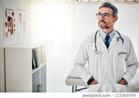 Doctor, thinking and mature man with confidence in hospital for healthcare, consult or planning. Lens flare, urology and physician with stethoscope for medical service, infertility treatment or trust 115307070