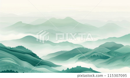 Minimalist Japanese Landscape Background Featuring Serene Mountain Scenery and Verdant Valleys Minimalist Japanese Landscape Background Featuring Serene Mountain Scenery and Verdant Valleys 115307095