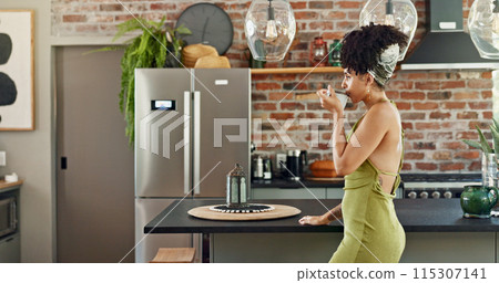 Woman, coffee and morning in kitchen with thinking, idea and calm in a new home with mug. Espresso, break and relax with nostalgia and memory with tea and hot drink with contemplation and cup Woman, coffee and morning in kitchen with thinking, idea and calm in a new home with mug. Espresso, break and relax with nostalgia and memory with tea and hot drink with contemplation and cup 115307141