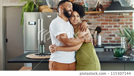 New home, happy and couple hug in apartment for bonding, loving relationship and commitment together. Dating, marriage and man and woman embrace for affection, romance and love for house or apartment 115307144