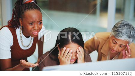 Business people, women and mistake with stress, computer and error with startup failure, 404 glitch and conflict. Group, coworkers and staff with pc, sad or emotion with anxiety, deadline or bad news 115307153