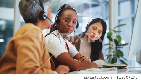 Call center, support and telemarketing woman sad in office with team for accident, fail or mistake. Computer, contact us and customer service with employee crying in workplace for compliance Call center, support and telemarketing woman sad in office with team for accident, fail or mistake. Computer, contact us and customer service with employee crying in workplace for compliance 115307173