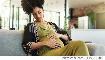 Pregnant, love and woman on a sofa with hands on stomach for comfort, touch and resting in her home. Pregnancy, care and calm girl person relax in living room with peace, belly and healthy maternity Pregnant, love and woman on a sofa with hands on stomach for comfort, touch and resting in her home. Pregnancy, care and calm girl person relax in living room with peace, belly and healthy maternity 115307186