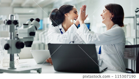 Happy woman, scientist and high five with colleague for teamwork, breakthrough or new discovery on laptop at lab. Female person or medical professionals touching with smile for success at laboratory Happy woman, scientist and high five with colleague for teamwork, breakthrough or new discovery on laptop at lab. Female person or medical professionals touching with smile for success at laboratory 115307190
