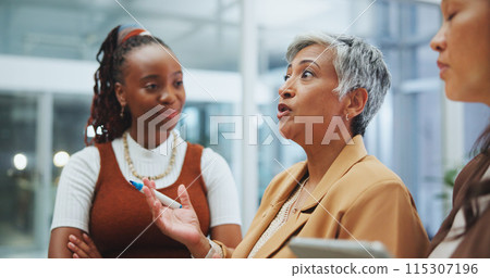 Business women, meeting and feedback for planning schedule with questions and help from manager. Corporate group, teamwork and collaboration for calendar with brainstorming and problem solving 115307196