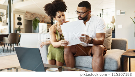 Couple, paperwork and laptop with budget in home for mortgage loan, investment planning or bills. People, technology and finance documents on sofa with invoice or receipt for expenses, savings or tax Couple, paperwork and laptop with budget in home for mortgage loan, investment planning or bills. People, technology and finance documents on sofa with invoice or receipt for expenses, savings or tax 115307198