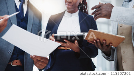 Notebook, hands and business people with documents, tablet and teamwork with connection, consultant and agency. Group, staff and employees with ideas, planning and tech with collaboration for project 115307201