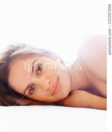 Woman, portrait and relax with skincare or dermatology in white background in health, wellness or beauty. Female person, happy and cosmetic with smile for facial, treatment or makeup for zen or glow 115307208