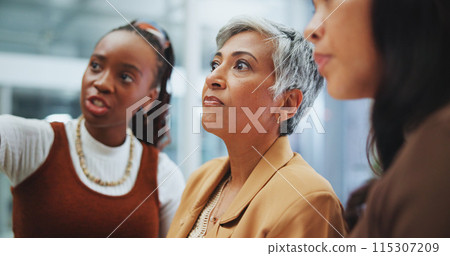 Business women, meeting and thinking in office for planning project with questions and help from manager. Corporate group, teamwork and collaboration with advice and feedback for proposal progress 115307209