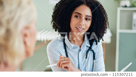 Doctor, woman or patient in consultation with discussion for healthcare support, medical results or feedback. Medicine, professional and person with advice for diagnosis, consulting or health service 115307211