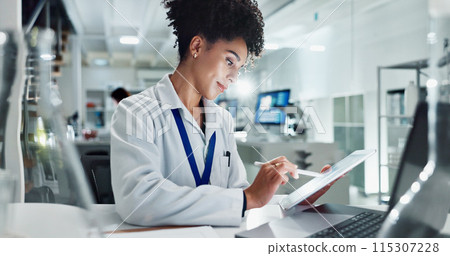Woman, scientist and research with tablet for experiment results, medical study or exam on new discovery at lab. Female person or biologist working on technology for science, test or development Woman, scientist and research with tablet for experiment results, medical study or exam on new discovery at lab. Female person or biologist working on technology for science, test or development 115307228