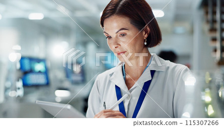 Woman, scientist and browsing with tablet for research, new discovery or medical study on test results or exam at lab. Female person or biologist with technology for scientific data at laboratory 115307266