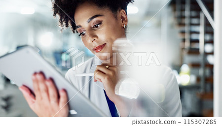Woman, doctor and thinking with tablet for new discovery, cure or medical study on test results or exam at lab. Young female person or scientist with technology for scientific research at laboratory 115307285