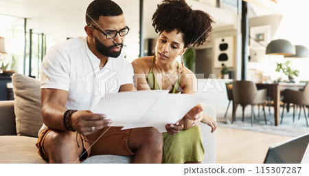 Couple, paperwork and budget on sofa in home for mortgage loan, investment planning and bills. People, technology and finance documents in living room with invoice for expenses, savings and taxes 115307287