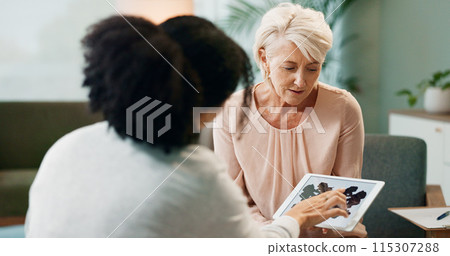 Psychologist, patient and inkblot test in therapy for psychology analysis and mental health assessment on tablet. Therapist, senior woman and digital tech with rorschach image for emotional disorder 115307288