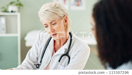 Mature doctor, woman and patient in consultation for healthcare support, medical results or feedback. Medicine, professional and person with discussion for expert advice, consulting or health service 115307296