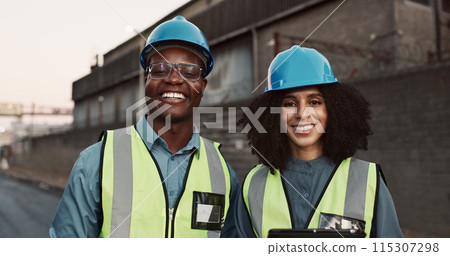 Construction site, teamwork and portrait of people for planning, inspection and maintenance. Civil engineering, architecture and man and woman for collaboration, infrastructure and manufacturing 115307298