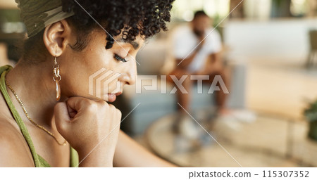 Couple, fight and sad woman thinking in house with anger, divorce and cheating, control or toxic crisis at home together. Marriage, doubt and girl ignore man in living room frustrated, hurt or angry 115307352