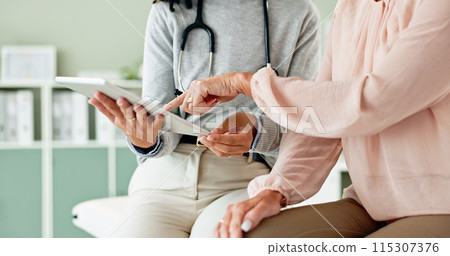 Healthcare, tablet and hands of doctor with patient for consulting, medical service and help in clinic. Hospital, telehealth and people on digital tech for diagnosis, online results and insurance Healthcare, tablet and hands of doctor with patient for consulting, medical service and help in clinic. Hospital, telehealth and people on digital tech for diagnosis, online results and insurance 115307376