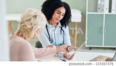 Hospital, tablet and doctor with patient for consulting, medical service and help in clinic. Healthcare, telehealth and woman and mature person on digital tech for diagnosis, results and insurance Hospital, tablet and doctor with patient for consulting, medical service and help in clinic. Healthcare, telehealth and woman and mature person on digital tech for diagnosis, results and insurance 115307379