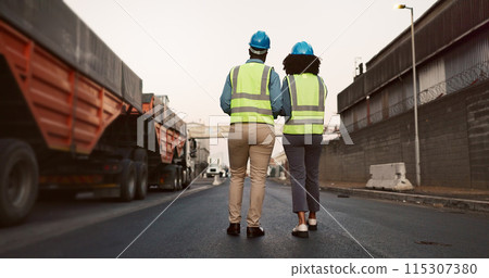 Construction worker, team and walking with discussion at logistics site in morning for vehicle inspection or cargo export. Shipping industry, inspectors and outdoor with back for quality assurance Construction worker, team and walking with discussion at logistics site in morning for vehicle inspection or cargo export. Shipping industry, inspectors and outdoor with back for quality assurance 115307380