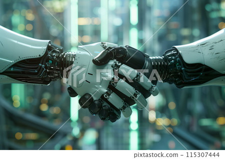AI robots shaking hands, concept of artificial intelligence, technological advancement, future AI robots shaking hands, concept of artificial intelligence, technological advancement, future 115307444