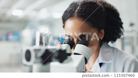 Research, medicine and woman in lab, microscope and healthcare with experiment, testing and studying particles. Person, employee and researcher with equipment, DNA sample analysis and microbiology 115307460