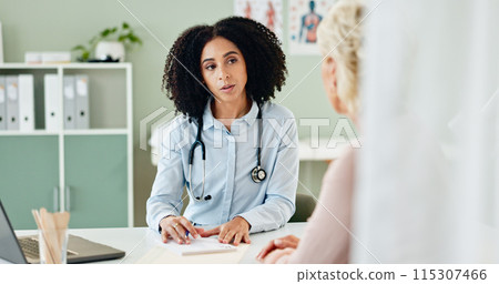 Doctor, woman or patient in consultation with paperwork for healthcare support, medical results or feedback. Medicine, expert or person with prescription notes for diagnosis, report or health service 115307466