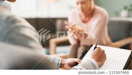 Psychology, therapist and hands or counseling with writing in consultation for mental health support and therapy. Psychologist, patient or expert advice for depression, anxiety or stress on clipboard Psychology, therapist and hands or counseling with writing in consultation for mental health support and therapy. Psychologist, patient or expert advice for depression, anxiety or stress on clipboard 115307468