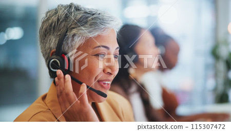 Mature woman, call centre and headset in office, telemarketing or customer service of client online sales support. Female agent, offer advice and talking, telecom or virtual guide for solution Mature woman, call centre and headset in office, telemarketing or customer service of client online sales support. Female agent, offer advice and talking, telecom or virtual guide for solution 115307472