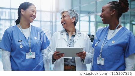 Healthcare, happy women and doctor with tablet for medical discussion about procedure or operation. Smile, teamwork and female nurse with tech for conversation and analysis of patient surgery results 115307536