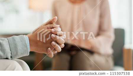 Therapy, mental health or nervous woman hands with psychologist in consultation office for mind, assessment or evaluation. Help, anxiety or counseling for patient with stress at clinic for psychology 115307538