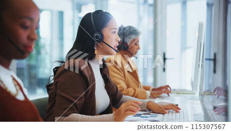 Woman, call centre and headphone for help in office, telemarketing or customer service of client online sales support. Female agent, offer advice and talk, telecom or solution by virtual guide 115307567