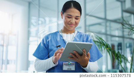 Healthcare, woman or nurse with tablet for research, medical info or diagnosis results with smile. Hospital, female physician and digital for report, online consultation and good news with telehealth 115307578