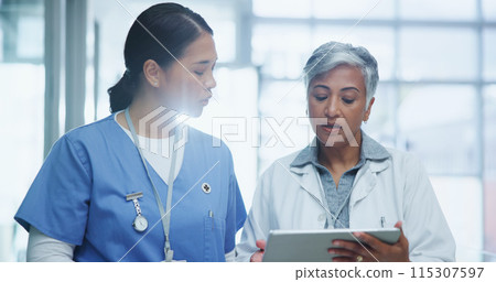 Healthcare, women and doctor with tablet for discussion about surgery and procedure. Smile, teamwork and female nurse with tech for conversation, analysis and planning before medical operation 115307597