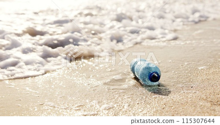 Beach, ocean and plastic bottle in sand for pollution, litter and trash in sea for global warming crisis. Nature, climate change and closeup of garbage in sea to reduce waste, recycling and cleaning 115307644