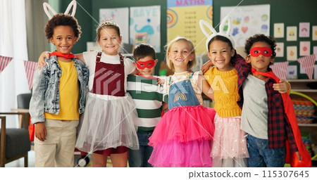 Happy kids, friends and hug with costume in class for dress up or casual day at school together. Portrait of young group with smile for halloween in cosplay outfit, hero or fairy tale in classroom Happy kids, friends and hug with costume in class for dress up or casual day at school together. Portrait of young group with smile for halloween in cosplay outfit, hero or fairy tale in classroom 115307645