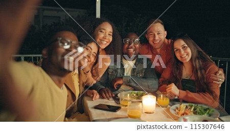 Friends, outdoor selfie and dinner in night, patio or happy for memory, peace sign and new years eve celebration. Women, men and group with diversity, excited and funny face for post on social media 115307646