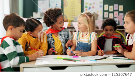 Happy children, drawing and coloring with classmates in kindergarten for fun activity in classroom. Group of young elementary kids sketching colorful paper, poster or sign for learning or development Happy children, drawing and coloring with classmates in kindergarten for fun activity in classroom. Group of young elementary kids sketching colorful paper, poster or sign for learning or development 115307647