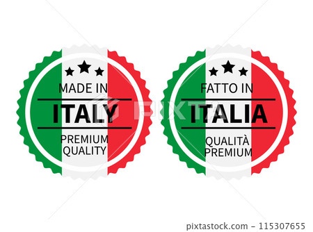 Made in Italy round labels in English and in Italian languages. Quality mark vector icon. Perfect for logo design, badges, tags, emblem, stickers, product package, etc. Made in Italy round labels in English and in Italian languages. Quality mark vector icon. Perfect for logo design, badges, tags, emblem, stickers, product package, etc. 115307655