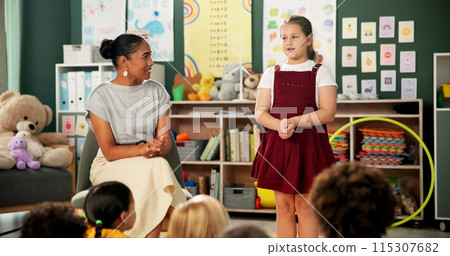 Classroom, education and teacher with kid student or presentation, teaching and public speaking support. Learning, school or woman with girl for speech, help or guide to self confidence development 115307682