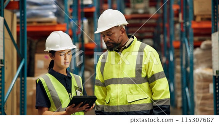 Man, laptop and checklist for inventory in warehouse, technology and research for logistics solutions. African worker, computer and stock taking for ecommerce and online order in distribution center Man, laptop and checklist for inventory in warehouse, technology and research for logistics solutions. African worker, computer and stock taking for ecommerce and online order in distribution center 115307687
