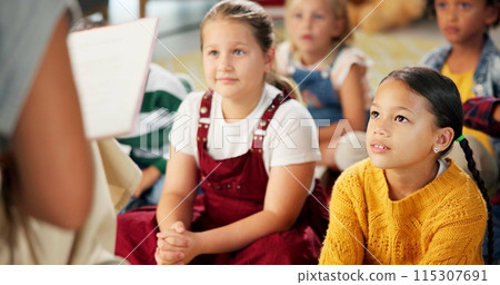 Kindergarten, story and teacher reading to children in montessori school, classroom and learning. Kids, fairytale and woman teaching language literacy in fantasy with creative preschool education Kindergarten, story and teacher reading to children in montessori school, classroom and learning. Kids, fairytale and woman teaching language literacy in fantasy with creative preschool education 115307691