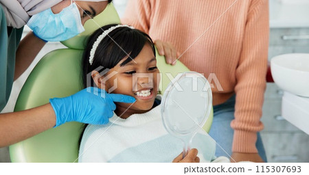 Child, pediatric dentist or checkup of teeth in surgery or family friendly examination of tooth. Girl, parent and support in orthodontist chair for trust and gentle with mirror for kids dental care 115307693