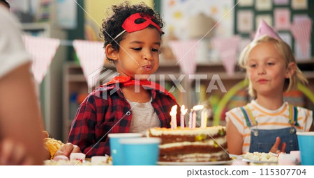 Birthday cake, classroom and children with blowing of candles for special event, development and growth. Happy, friends and smile with party at school table for celebration, love and support Birthday cake, classroom and children with blowing of candles for special event, development and growth. Happy, friends and smile with party at school table for celebration, love and support 115307704