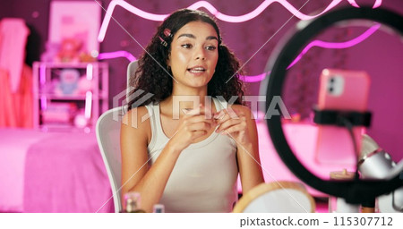 Woman, content creator and ring light for recording, cosmetics influencer and live streaming in studio. Talking, beauty and tutorial for foundation on social media, vlogger person for online webcam 115307712