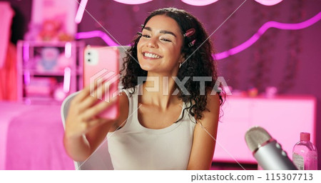 Girl, influencer and selfie for live stream for social media, connection or audience for online. Female person, gen z and bedroom with tripod for video, content creation and tech at home for website Girl, influencer and selfie for live stream for social media, connection or audience for online. Female person, gen z and bedroom with tripod for video, content creation and tech at home for website 115307713