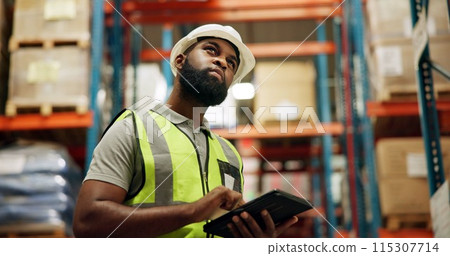Supply chain, warehouse and black man on tablet for inspection, inventory and online stock. Manufacturing, distribution and person on digital tech for logistics, maintenance and shipping in factory Supply chain, warehouse and black man on tablet for inspection, inventory and online stock. Manufacturing, distribution and person on digital tech for logistics, maintenance and shipping in factory 115307714